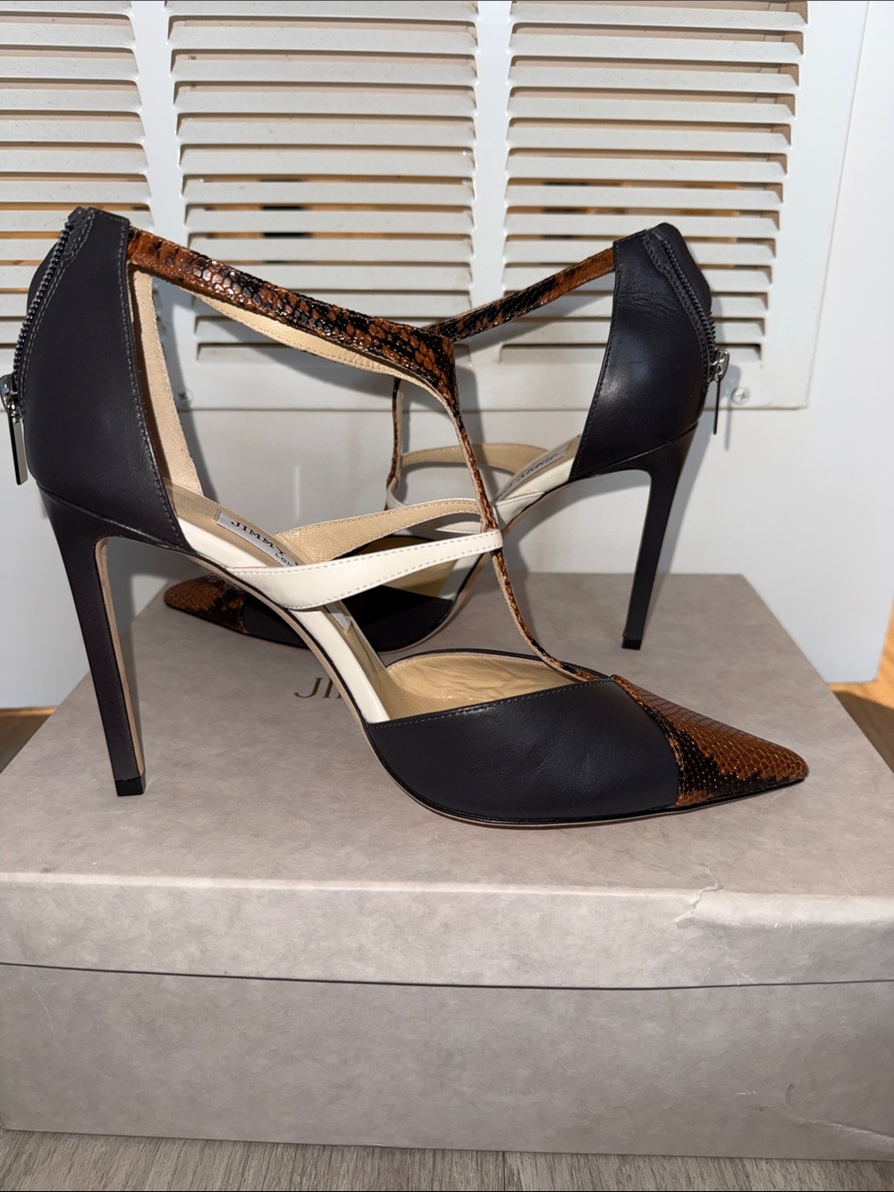Jimmy Choo Saoni Snake Leather, Calf Leather, Nappa Pointed T-Strap Heels - Picture 6 of 9